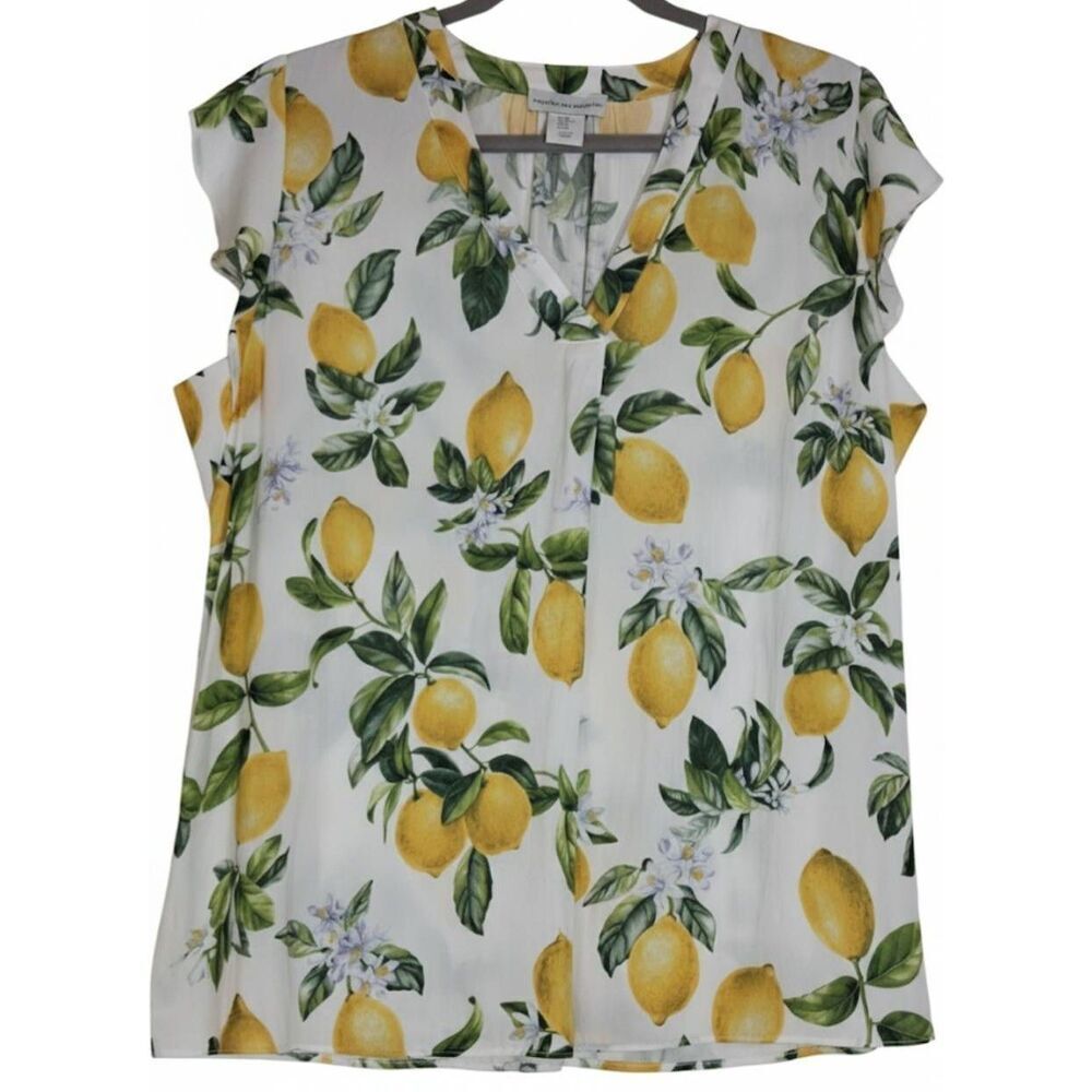 Cupcakes & cashmere womens large blouse lemon print yellow green shirt white